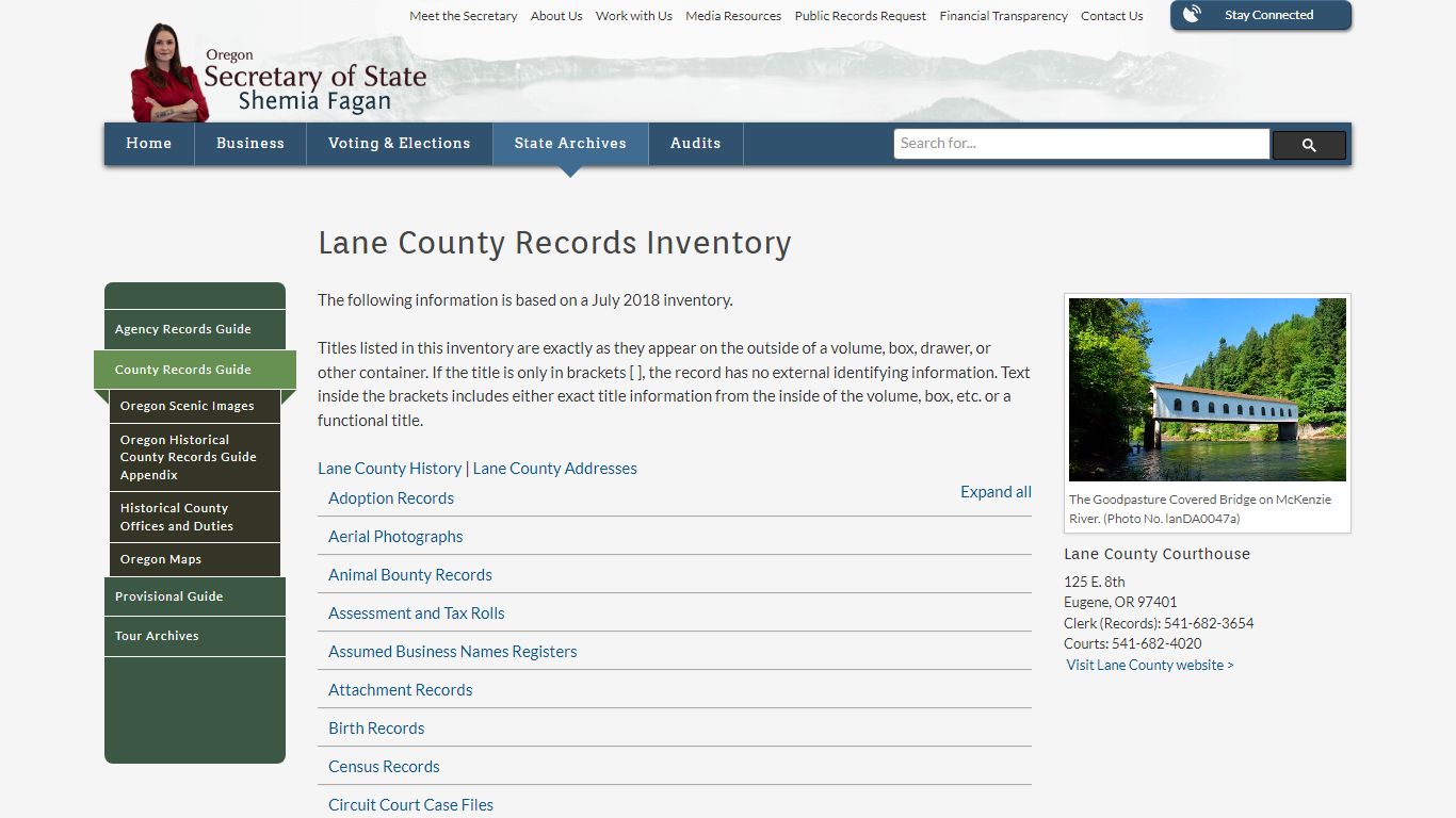 State of Oregon: County Records Guide - Lane County Records Inventory