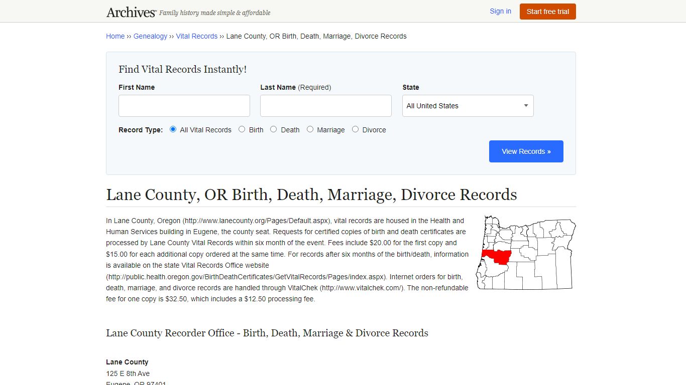 Lane County, OR Birth, Death, Marriage, Divorce Records - Archives.com