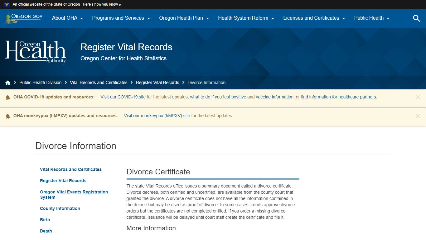 Oregon Health Authority : Divorce Information : Register Vital Records ...